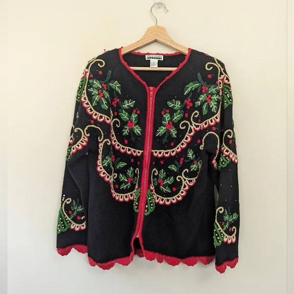 Vintage 90s Ugly‎ Christmas Embroidered Holly Sweater 3D - Picture 12 of 14